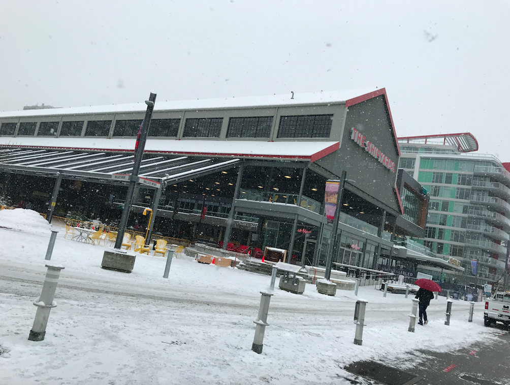 The Shipyards commons North Vancouver January 2020 snowing outside