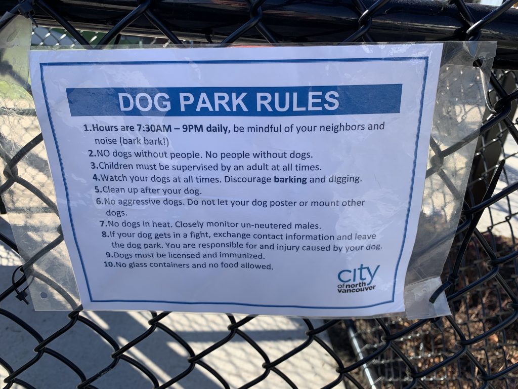 rules for the off leash fenced in dog park near by central lonsdale avenue in the city of north vancouver british columbia canada