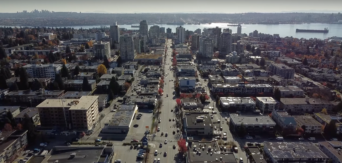 drone photo central lonsdale avenue north vancouver british columbia canada facing southbound