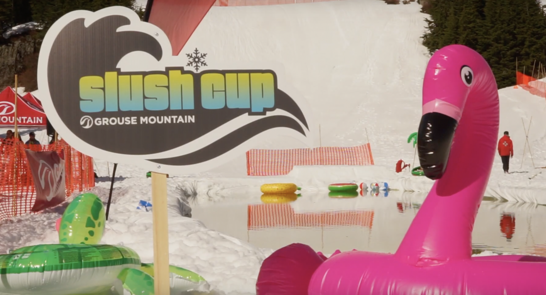 slush cup ski snowboard event contest at grouse mountain in north vancouver british columbia canada